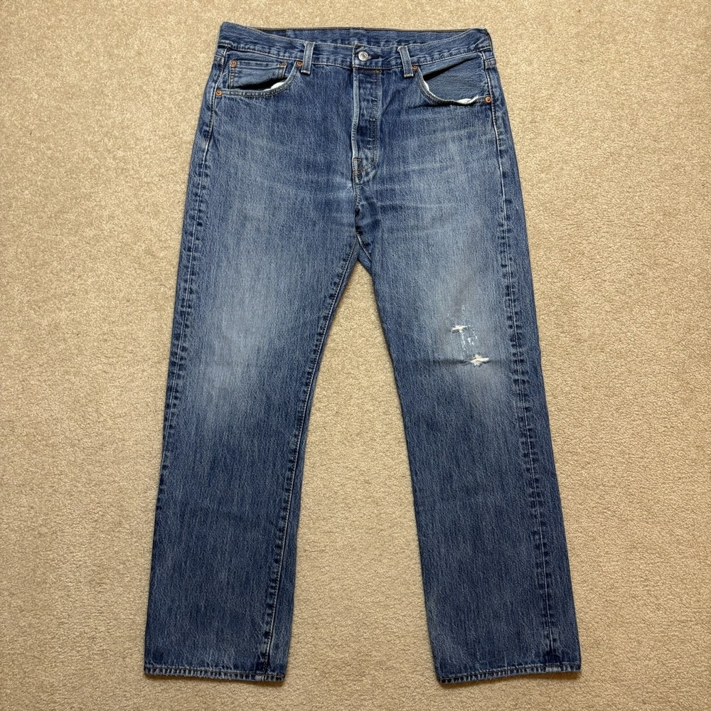 Levis 501 Jeans Mens 34x30 Blue Medium Wash Straight Denim Button Fly Distressed